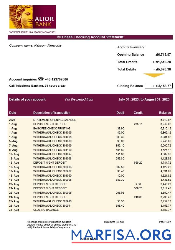 Realistic Alior Bank company checking account statement Word and PDF template